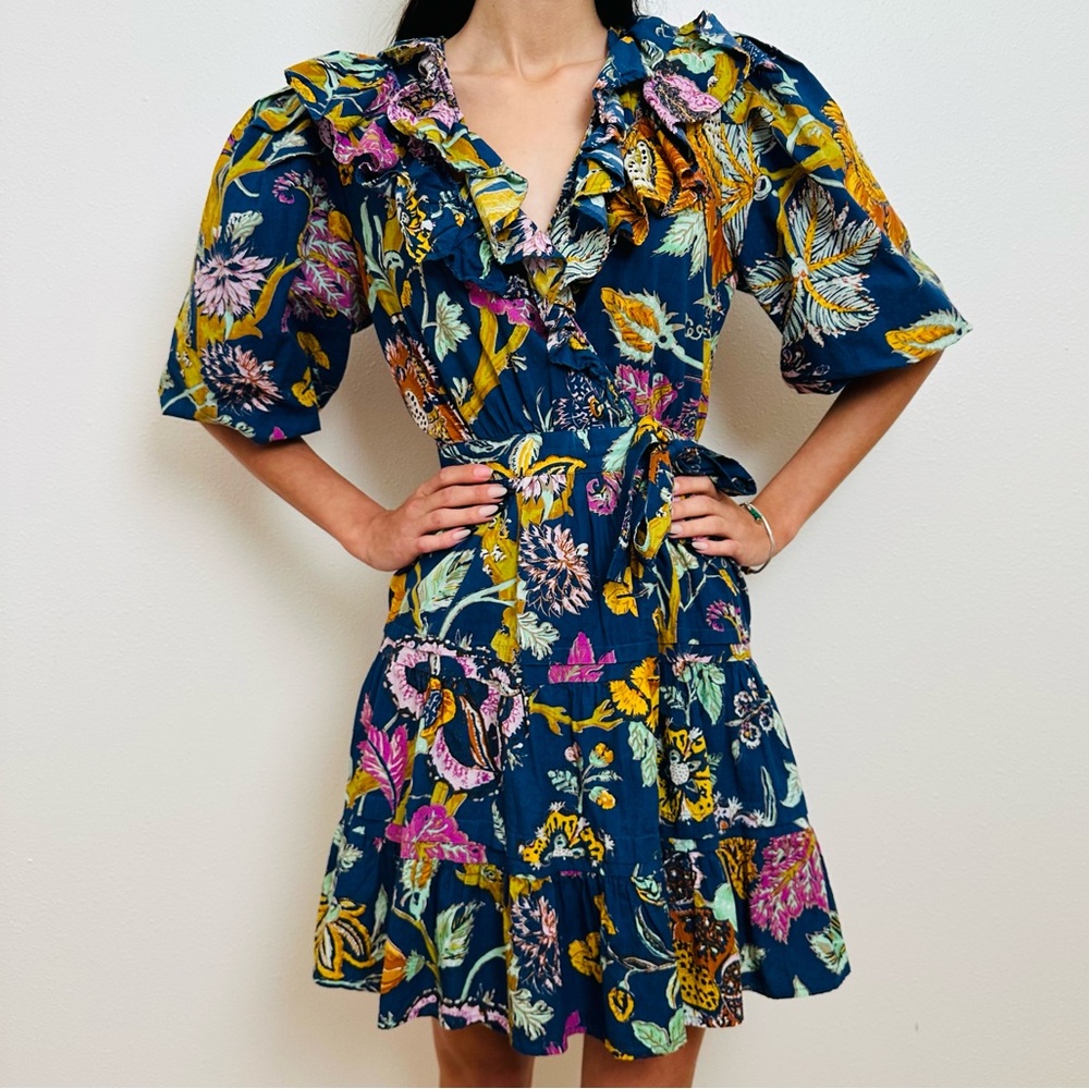 House of Harlow 1960 Mini Floral Wrap Dress Boho Ruffle Puff Sleeve - Picture 4 of 12
